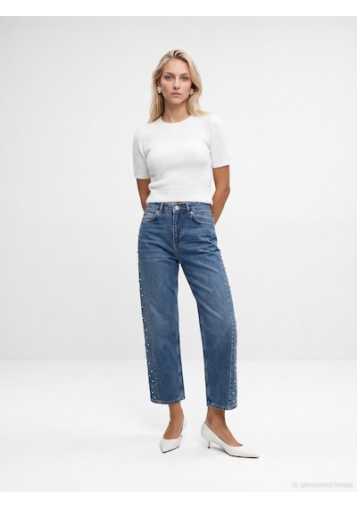 Dilvin 72368 %100 Pamuk Taşlı Barrel Jean Mavi