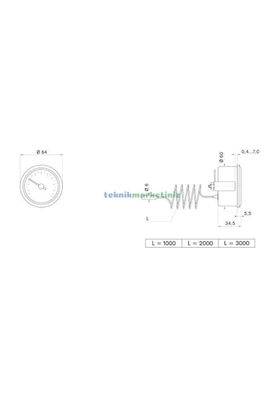 Pakkens 60 MM 0-120 C Derece1 Metre Kablolu Göstergeli Gazlı Termometre