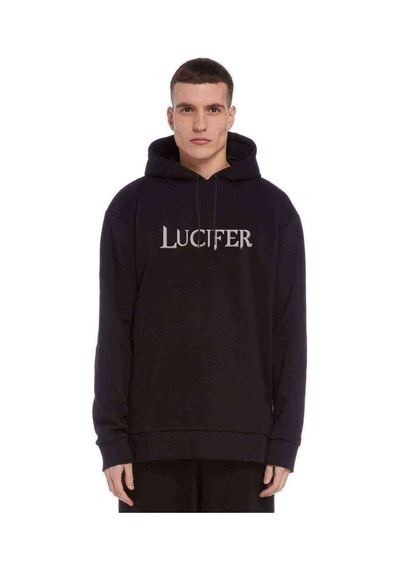 Lucifer Baskılı Siyah Erkek Örme Kapşonlu Sweatshirt