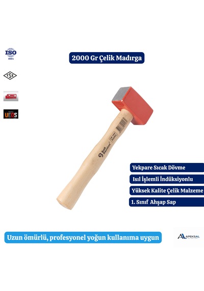 Profesyonel 2000 Gr Dövme Çelik Madırga Çekiç Ahşap Saplı 2 Kg