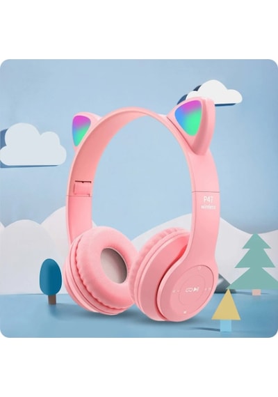 Qasul P47 Kedi Kulak Led Işıklı Kablosuz Bluetooth Mikrofonlu Hafıza Kulaklık 
