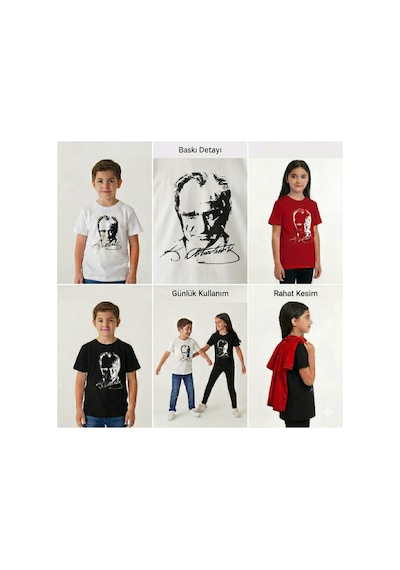Westicgiyim Atatürk Baskılı Çocuk Tişört Unisex Pamuklu Kısa Kollu Tişört Beyaz