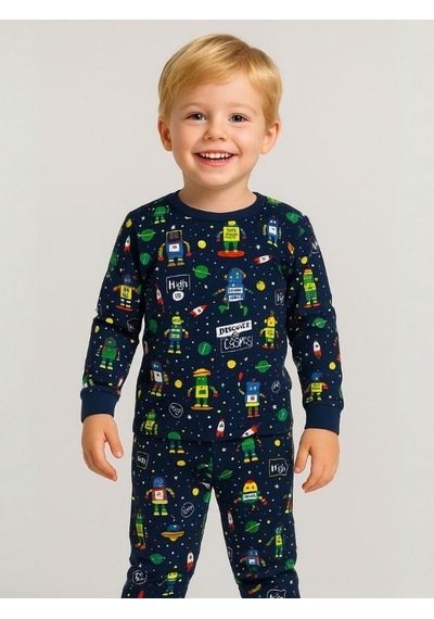 Cantoy Erkek Çocuk Pamuklu Uzay Baskılı Pijama Takımı-16058 Lacivert