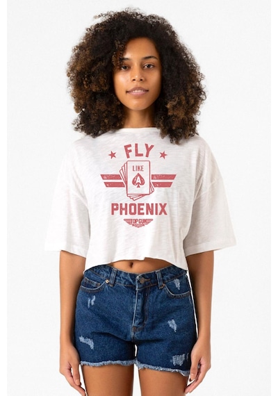Top Gun Maverick Fly Like A Phoenix Beyaz Kırçıllı Kadın Crop Tshirt Beyaz