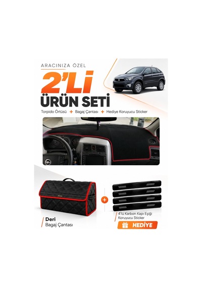 Ssangyong Nomad 2005-2012 Uyumlu Torpido Örtüsü + Deri Bagaj Çantası + Sticker - Siyah Kırmızı