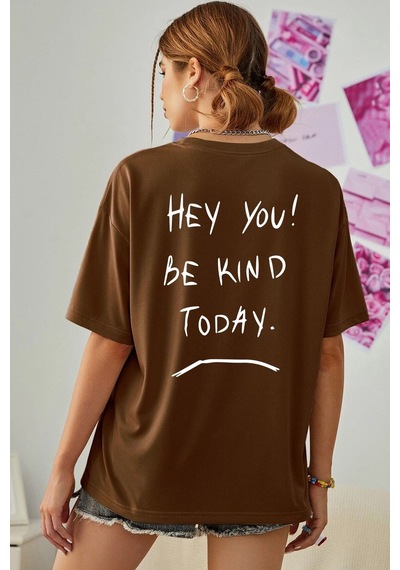 Flood Of Style Unisex Hey You Baskılı T-shirt Kahverengi