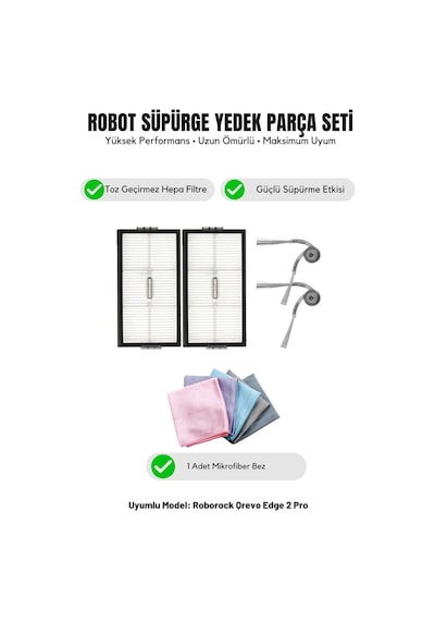 Roborock Qrevo Edge 2 Pro İle Uyumlu 2 Yan Fırça 2 Filtre 1 Temizlik Bezi 9.0
