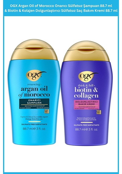 Ogx Argan Oil Of Morocco Onarıcı Sülfatsız Şampuan 88.7 Ml & Biotin & Kolajen Dolgunlaştırıcı Sülfatsız Saç Bakım Kremi 88.7 Ml
