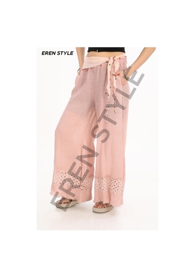 Eren Style İtalyan Fisto Paça Detaylı Keten Pantolon-9893 Pudra