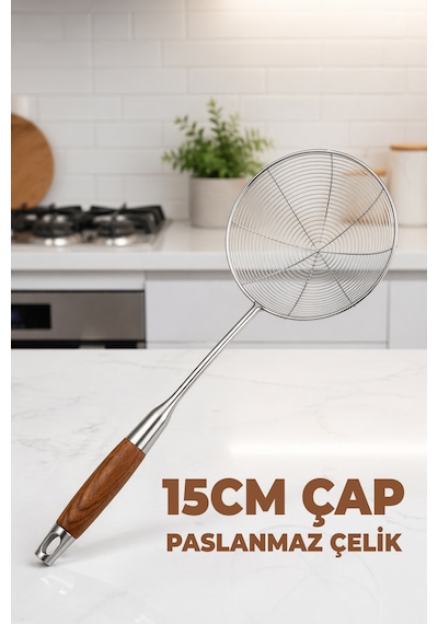 19.5cm Yağ Kevgiri - Haşlama Kevgiri - Süzgeç - Paslanmaz Çelik - Geniş Delikli Kevgir - Ahşap Sap Krom