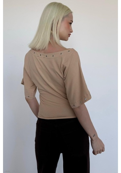 Madmext Taş Rengi Off Shoulder Metal Detaylı Kadın Bluz Mg2671 Taş Rengi