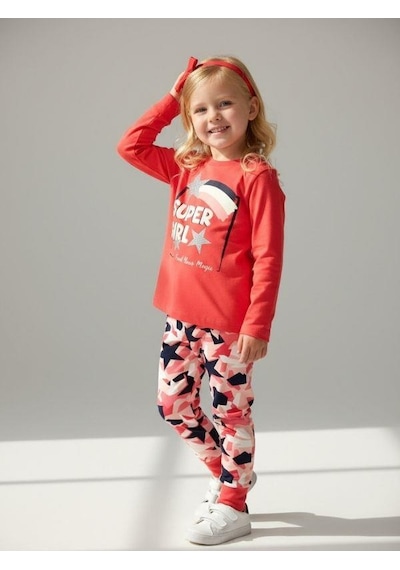 Kız Çocuk Super Girl Yazılı Simli Baskılı Uzun Kollu Pijama Takımı-16828 Pembe