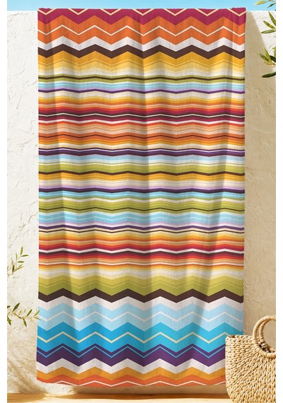 Renkli Geometrik Zigzag Çizgili Plaj Havlusu - Modern Turuncu Mavi Hızlı Kuruyan Mikrofiber Havlu Puslu Şafak