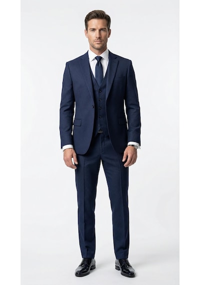 Erkek Klasik Slim Fit Armürlü Kumaş Tek Düğmeli Çift Yırtmaçlı Klasik Yaka Takım Elbise 7 Drop Lacivert