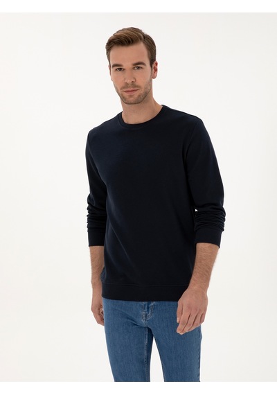 Lacivert Regular Fit %100 Pamuk 3 İplik Bisiklet Yaka Sweatshirt