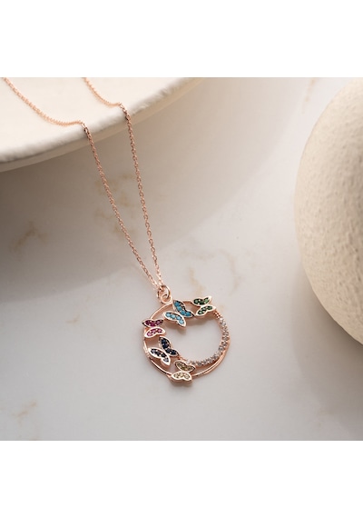 Vaoov 925 Ayar Gümüş Renkli Taşlı Rose Kelebek Kolye Rose