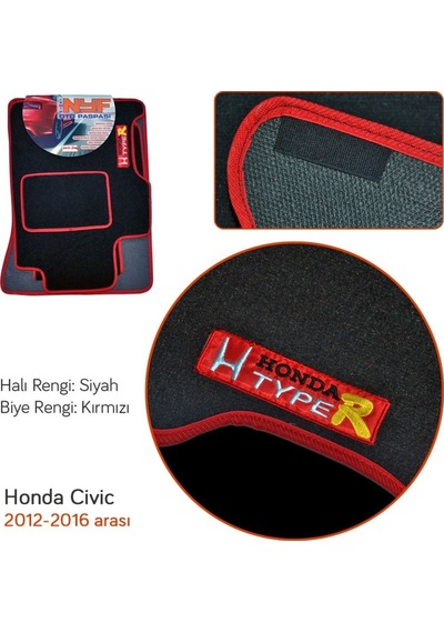Nyf Honda Civic 2012-2016 Siyah Halı Paspas (Biye Kırmızı)