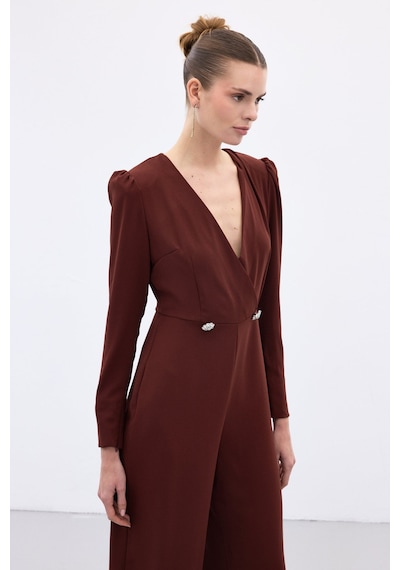 Sateen Kruvaze Süs Taşlı Krep Tulum - Bordo-136568 Bordo