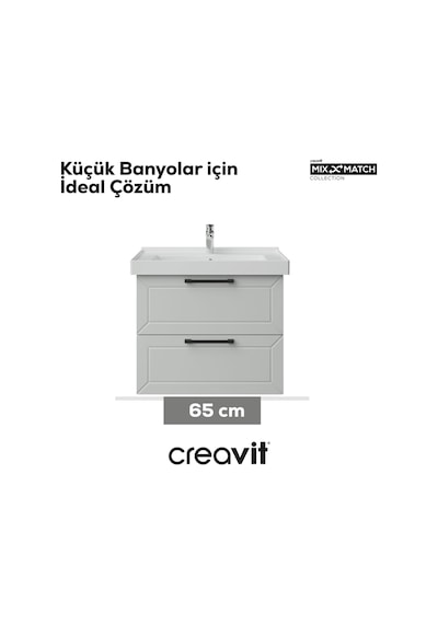 Creavit D20 65 Cm İki Çelmeceli Lavabo Dolabı Beyaz Lake Kapak Antrasit