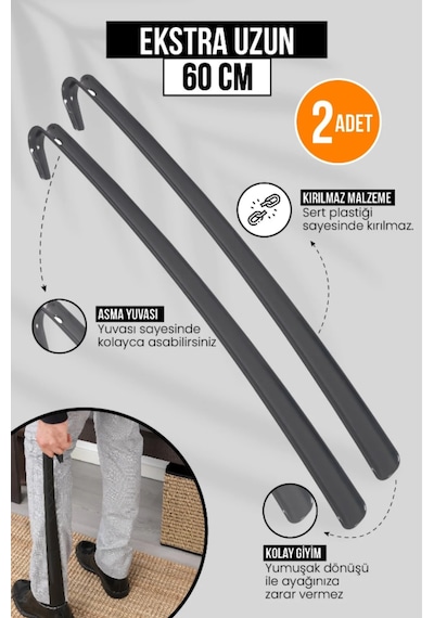 Orvila 2 Adet - Antrasit 60 Cm Ayakkabı Çekeceği Sert Plastik Asılabilir Çekecek Yumuşak Kerata Uzun