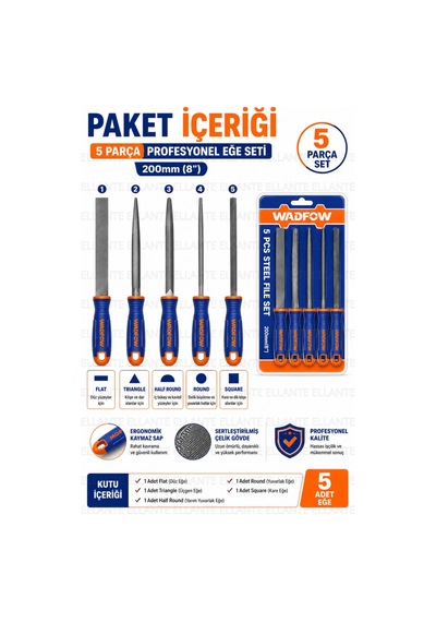 5 Parça Profesyonel Eğe Seti 200 Mm 8" Ergonomik Kaymaz Saplı Sertleştirilmiş Çelik Ahşap Metal Pl