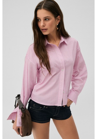 Grımelange Medea Kadın Slim Fit %100 Organik Pamuklu Kahverengi Çizgili Slim Fit Pembe Çizgili Gömle