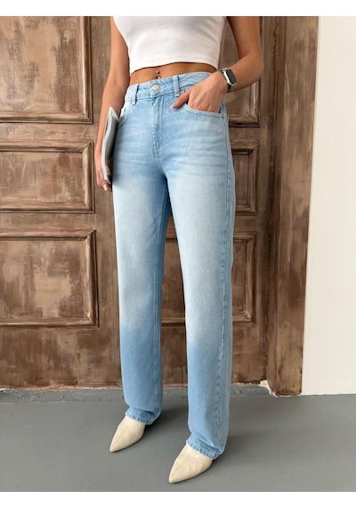 Kadın Straight Yüksek Bel Boru Paça Kot Pantolon Açık Mavi Mavi+açık Mavi