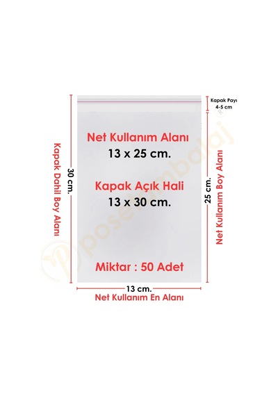 13x25+5 Cm. 13x30 50 Adet Şeffaf Bantlı Yapışkanlı Opp Poşet