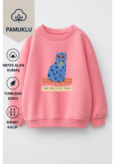 Monila Kız Çocuk 3 İplik Kumaş Pamuklu Mavi Kedi Baskılı Sweatshirt Pembe