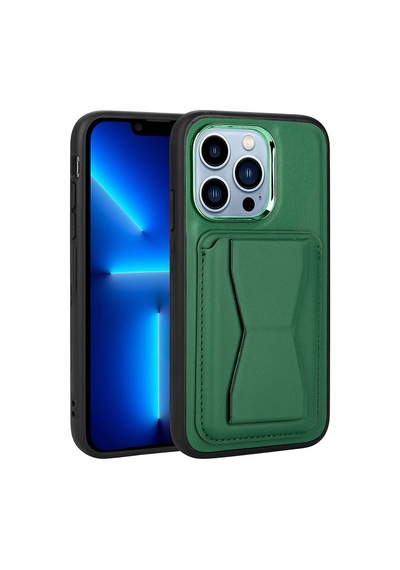 Zore İphone 12 Pro Max Uyumlu Kartlıklı Standlı Pu Deri Nvth Memo Kılıf-koyu Yeşil