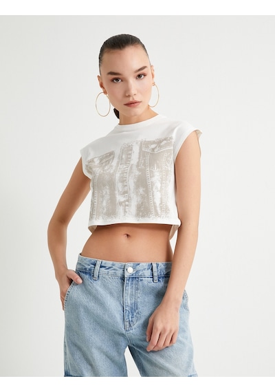 Koton Crop Kolsuz Tişört Baskılı Bisiklet Yaka Pamuklu Ekru 4sal10349ık 4SAL10349IK010 Ekru