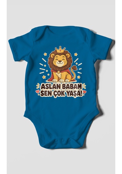 Morivokids Aslan Babam Sen Çok Yaşa Kısa Kollu Bebek Body %100 Pamuk Koyu Mavi