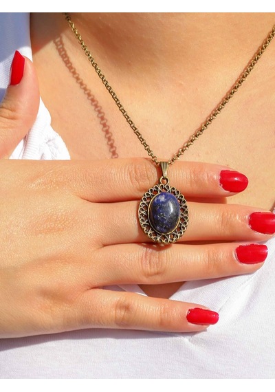 Doğal Taş Lapis Doğal Taşlı Antik Kadın Kolye Euk34lps Mavi