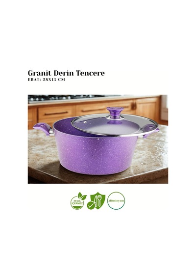 28 Cm Granit Derin Tencere Cam Kapak - Violet Violet