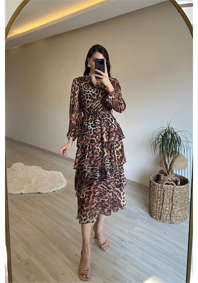 Neşeli Butik Kadın Leopar Desenli Kat Kat Volanlı Şifon Elbise Nm014 Kahverengi