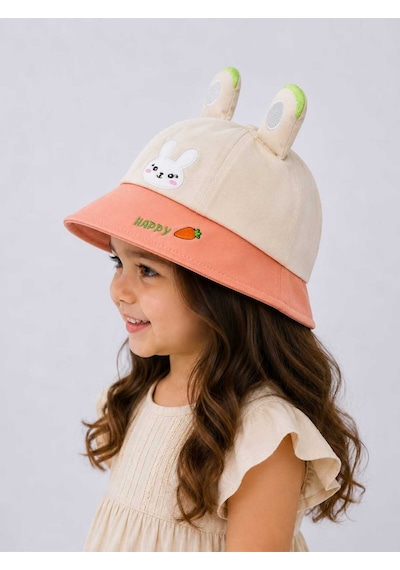 Kız Çocuk Tavşan Kulaklı Bej Şapka Yazlık Güneş Koruyucu Bucket Hat Bej