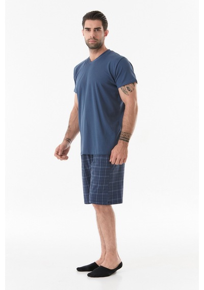 Fullamoda Ekose Desenli V Yaka Pijama Takımı 24mıcg631212243-indigo 24MICG631212243-İndigo
