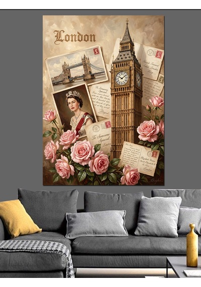 Londra Big Ben Ve Güller Kolaj Dekoratif Kanvas - Mdf Ahşap Tablo