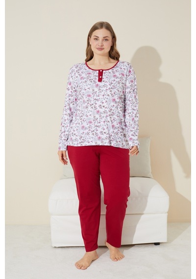 Siyah İnci Düğmeli Pamuklu Curve Büyük Beden Battal Boy Örme Pijama Takım 24240657 Beyaz
