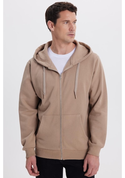Tudors Unisex Relax Fit Rahat Kesim Pamuklu İçi Polarlı Çift Cepli Tam Fermuarlı Kahverengi Kapüşonlu Sweatshirt-41648 Kahverengi