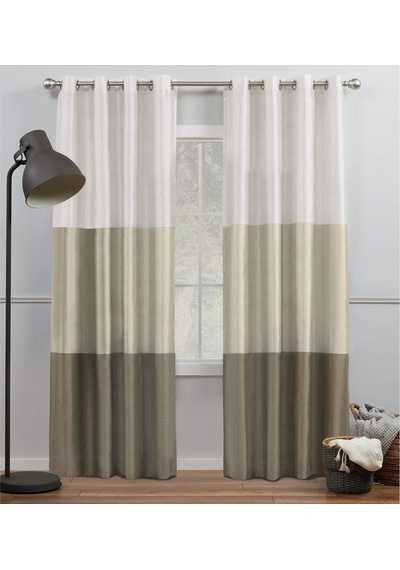 Curtains Chateau Çizgili Suni İpek Halkalı Üst Perde Panel Çifti, 54x84, Beyaz/kum