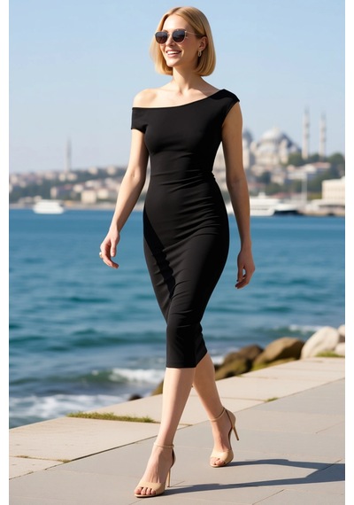 Benerly Kadın Asimetrik Yaka Düşük Kol Bodycon Midi Elbise Silky İnterlok Siyah