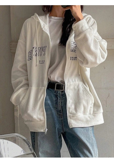 Relax&Basic Ünisex Basic Slim Fit Kapüşonlu Fermuarlı Cepli Sweatshirt Bej Bej Beyaz