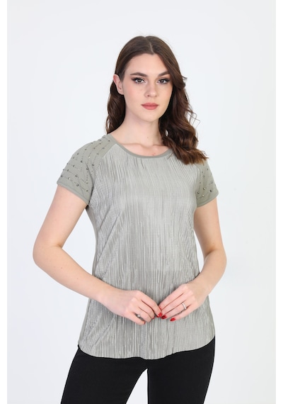 Ella Camelia Kadın Omzu Taş Detaylı Desenli Bluz 18E013 Haki