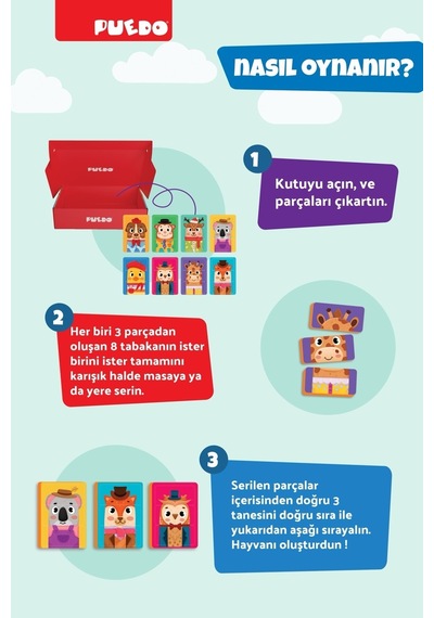 Puedo Funny Faces Manyetik Puzzle 24 Parça 8 Hayvan Eva Eğitici Oyuncak 3+ Yaş