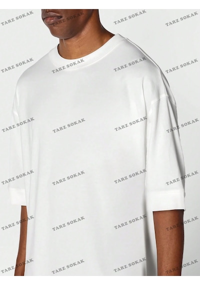 Düz Erkek 4 Baskısız Baskılı Oversize Kalıp Unisex T-shirt Beyaz