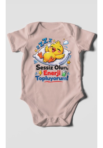 Morivokids Sessiz Olun, Enerji Topluyorum Kısa Kollu Bebek Body %100 Pamuk Pastel Pembe