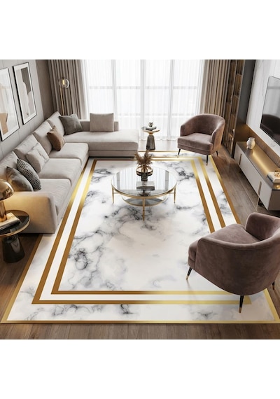 Beyaz Altın Mermer Desenli Halı Dijital Baskılı Kaymaz Tabanlı Salon Halısı Dijital Baskı Halı 7 Mm