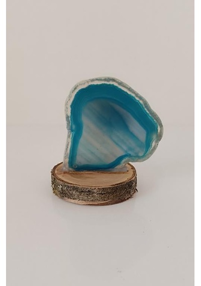 Doğal Taş Plaka Mavi Akik Ahşap Standlı Dekoratif Obje Biblo Traverten