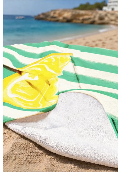 Limon Çizgili Premium Plaj Havlusu - Tropikal Modern Yeşil Sarı Hızlı Kuruyan Mikrofiber Havlu Çok Renkli